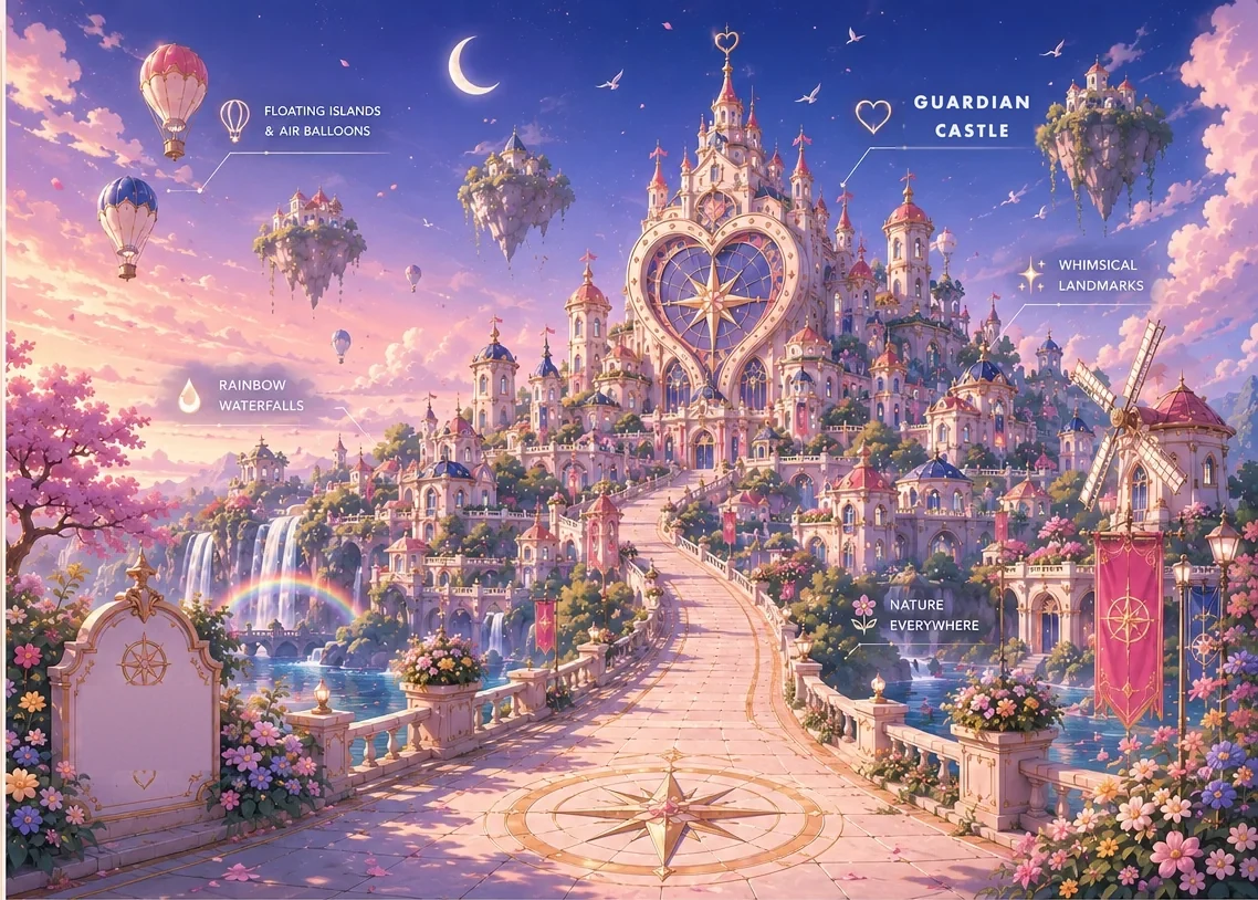 Type Kingdom: Guardian Castle rises above rainbow waterfalls and flower-lined paths, with floating islands and air balloons drifting under a crescent moon, and whimsical landmarks in every corner.